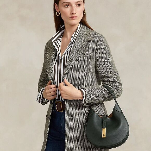 POLO RALPH LAUREN ID Leather Shoulder Bag Racing Green Gold small Crescent Purse - Picture 2 of 12